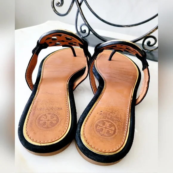 Tory Burch Miller Leather Thong Sandals Metal/Gold Logo Black/Tan US 8 - Picture 5 of 16